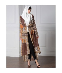 Women Muslim Cardigan Geometric Print Split High-Low Hem Long Sleeve Islamic Abaya Maxi Dress Outwear