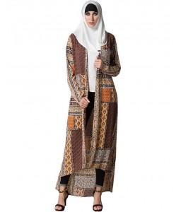 Women Muslim Cardigan Geometric Print Split High-Low Hem Long Sleeve Islamic Abaya Maxi Dress Outwear