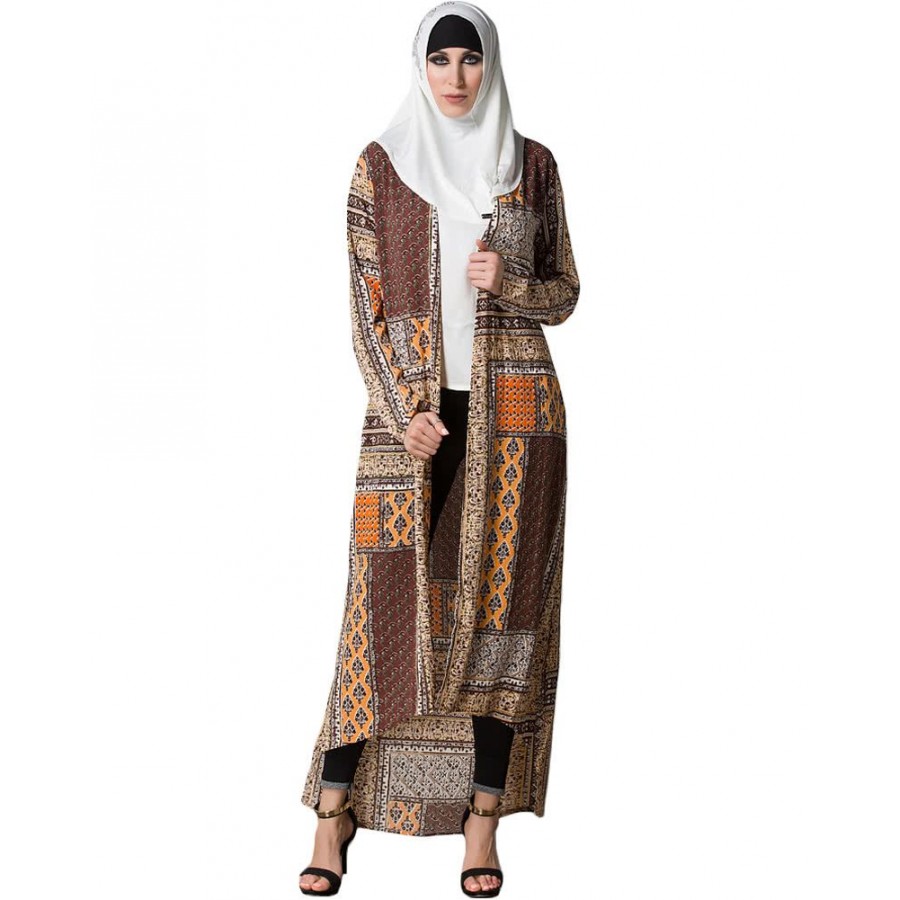 Women Muslim Cardigan Geometric Print Split High-Low Hem Long Sleeve Islamic Abaya Maxi Dress Outwear