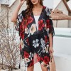 Women Loose Chiffon Kimono Floral Print Half Sleeve Open Front Tassels Cardigan Summer Beach Boho Bikini Cover Up