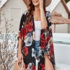 Women Loose Chiffon Kimono Floral Print Half Sleeve Open Front Tassels Cardigan Summer Beach Boho Bikini Cover Up