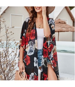 Women Loose Chiffon Kimono Floral Print Half Sleeve Open Front Tassels Cardigan Summer Beach Boho Bikini Cover Up