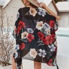 Women Loose Chiffon Kimono Floral Print Half Sleeve Open Front Tassels Cardigan Summer Beach Boho Bikini Cover Up