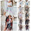 Women Loose Chiffon Kimono Floral Print Half Sleeve Open Front Tassels Cardigan Summer Beach Boho Bikini Cover Up