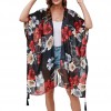 Women Loose Chiffon Kimono Floral Print Half Sleeve Open Front Tassels Cardigan Summer Beach Boho Bikini Cover Up