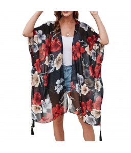 Women Loose Chiffon Kimono Floral Print Half Sleeve Open Front Tassels Cardigan Summer Beach Boho Bikini Cover Up