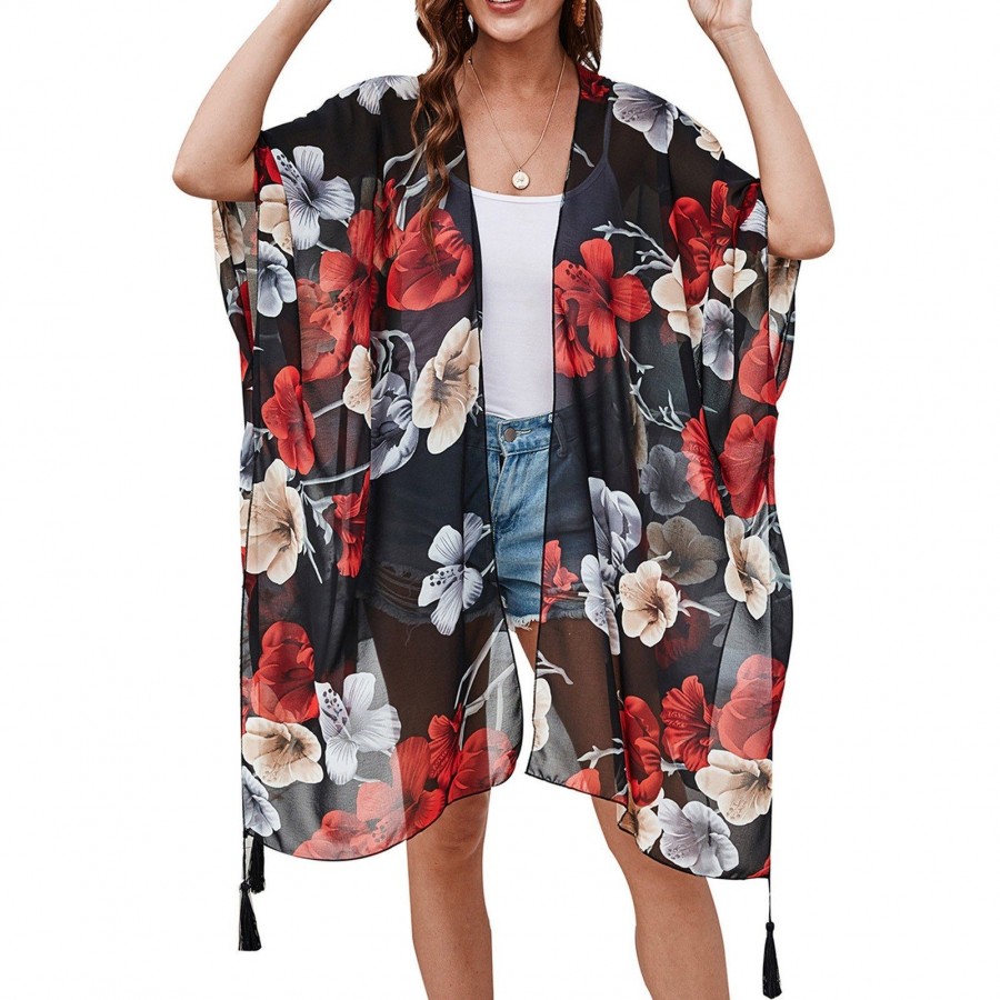 Women Loose Chiffon Kimono Floral Print Half Sleeve Open Front Tassels Cardigan Summer Beach Boho Bikini Cover Up