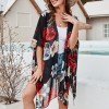 Women Loose Chiffon Kimono Floral Print Half Sleeve Open Front Tassels Cardigan Summer Beach Boho Bikini Cover Up