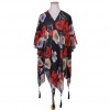 Women Loose Chiffon Kimono Floral Print Half Sleeve Open Front Tassels Cardigan Summer Beach Boho Bikini Cover Up