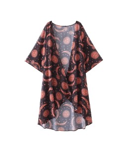 New Women Chiffon Kimono Print Asymmetric Hem Loose Cardigan Blouse Outerwear Beachwear Bikini Cover Up Red