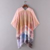 New Women Chiffon Loose Cardigan Gradient Front Floral Print 3/4 Sleeves Beach Thin Casual Outerwear Pink