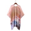 New Women Chiffon Loose Cardigan Gradient Front Floral Print 3/4 Sleeves Beach Thin Casual Outerwear Pink