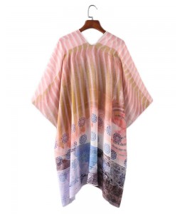 New Women Chiffon Loose Cardigan Gradient Front Floral Print 3/4 Sleeves Beach Thin Casual Outerwear Pink