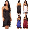 Women Satin Slip Dress Chemise Nightgown Lace V Neck Side Slit Asymmetrical Hem Lingerie Sleepwear Pajamas