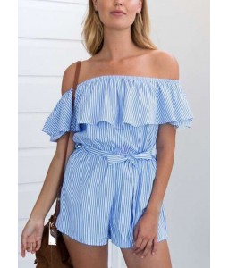 Striped Off the Shoulder Ruffle Slash Neck High Waist Belt Playsuit