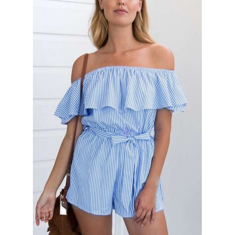 Striped Off the Shoulder Ruffle Slash Neck High Waist Belt Playsuit