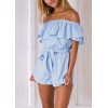 Striped Off the Shoulder Ruffle Slash Neck High Waist Belt Playsuit