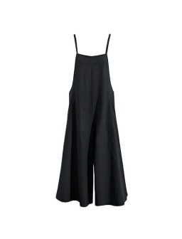 Fashion Women Cotton Wide Leg Jumpsuit Spaghetti Strap Solid Color Sleeveless Strappy Romper Full Length Overalls