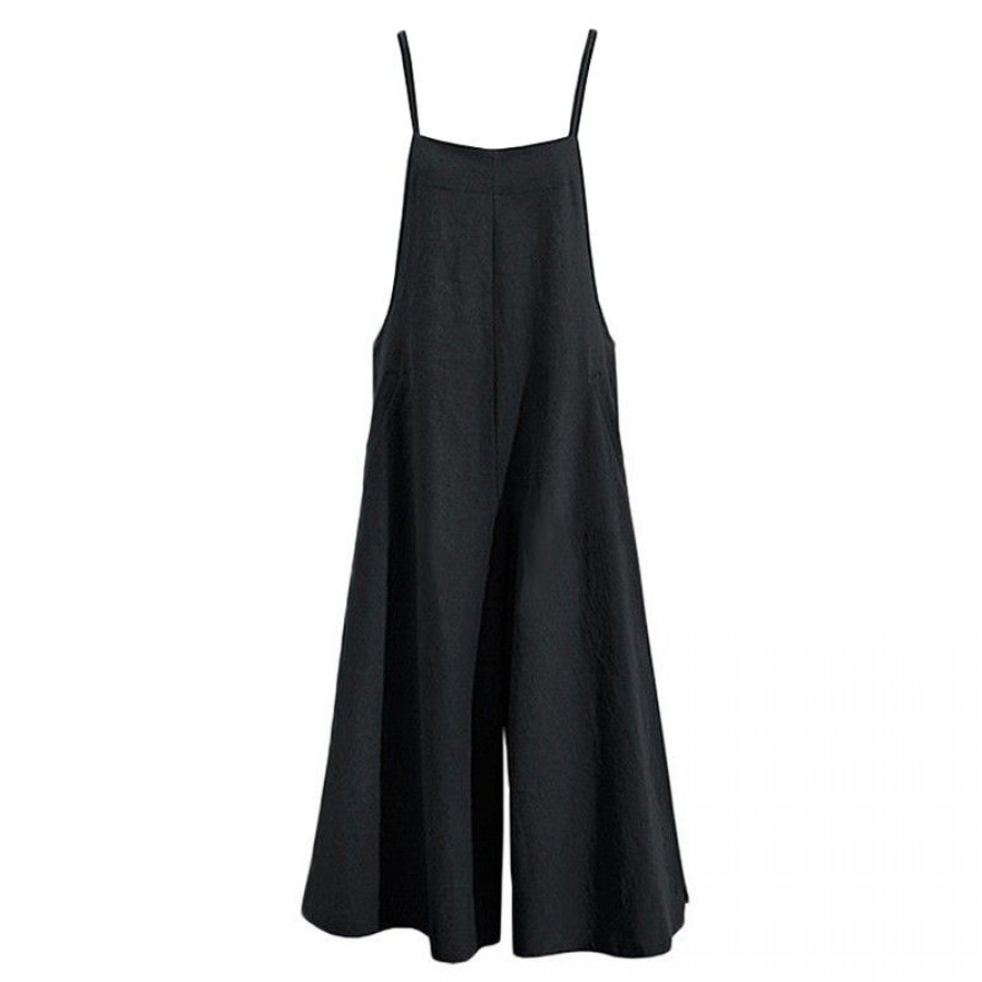 Fashion Women Cotton Wide Leg Jumpsuit Spaghetti Strap Solid Color Sleeveless Strappy Romper Full Length Overalls