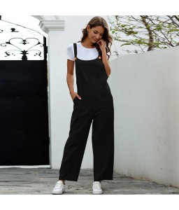 Vintage Women Cotton Wide Leg Jumpsuit Plus Size Sleeveless Side Pockets Romper Full Length Pure Color Overalls