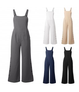 Fashion Women Solid Color Jumpsuit Sleeveless Pocket Zipper Button Loose Casual Romper Overall Playsuit