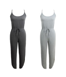 New Fashion Women Jumpsuit Spaghetti Strap Drawstring Waist Side Split Solid Playsuit Rompers Light Grey/Grey