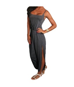 New Fashion Women Jumpsuit Spaghetti Strap Drawstring Waist Side Split Solid Playsuit Rompers Light Grey/Grey