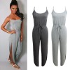 New Fashion Women Jumpsuit Spaghetti Strap Drawstring Waist Side Split Solid Playsuit Rompers Light Grey/Grey