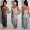 New Fashion Women Jumpsuit Spaghetti Strap Drawstring Waist Side Split Solid Playsuit Rompers Light Grey/Grey