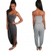 New Fashion Women Jumpsuit Spaghetti Strap Drawstring Waist Side Split Solid Playsuit Rompers Light Grey/Grey