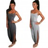 New Fashion Women Jumpsuit Spaghetti Strap Drawstring Waist Side Split Solid Playsuit Rompers Light Grey/Grey