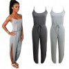 New Fashion Women Jumpsuit Spaghetti Strap Drawstring Waist Side Split Solid Playsuit Rompers Light Grey/Grey