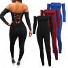 Sexy Women Off Shoulder Jumpsuit Backless Bandage Long Sleeve Rompers Bodycon Playsuit Bodysuit Catsuit Blue/Burgundy/Black