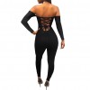 Sexy Women Off Shoulder Jumpsuit Backless Bandage Long Sleeve Rompers Bodycon Playsuit Bodysuit Catsuit Blue/Burgundy/Black