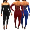 Sexy Women Off Shoulder Jumpsuit Backless Bandage Long Sleeve Rompers Bodycon Playsuit Bodysuit Catsuit Blue/Burgundy/Black