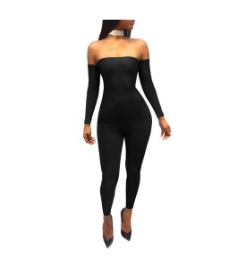 Sexy Women Off Shoulder Jumpsuit Backless Bandage Long Sleeve Rompers Bodycon Playsuit Bodysuit Catsuit Blue/Burgundy/Black