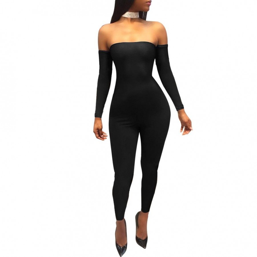 Sexy Women Off Shoulder Jumpsuit Backless Bandage Long Sleeve Rompers Bodycon Playsuit Bodysuit Catsuit Blue/Burgundy/Black