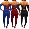 Sexy Women Off Shoulder Jumpsuit Backless Bandage Long Sleeve Rompers Bodycon Playsuit Bodysuit Catsuit Blue/Burgundy/Black