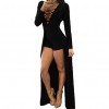 Rompers Women Lace-up Jumpsuit Long Sleeves Deep V Neck Skirt Bodycon Bodysuit Shorts Overalls Playsuit Burgundy/Black