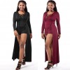 Rompers Women Lace-up Jumpsuit Long Sleeves Deep V Neck Skirt Bodycon Bodysuit Shorts Overalls Playsuit Burgundy/Black