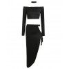 Sexy Women Off Shoulder Two Piece Set Long Sleeve Tie Side Slit Asymmetric Party Club Dress Crop Top + Skirt with Choker