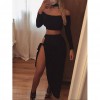 Sexy Women Off Shoulder Two Piece Set Long Sleeve Tie Side Slit Asymmetric Party Club Dress Crop Top + Skirt with Choker