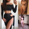 Sexy Women Off Shoulder Two Piece Set Long Sleeve Tie Side Slit Asymmetric Party Club Dress Crop Top + Skirt with Choker