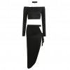 Sexy Women Off Shoulder Two Piece Set Long Sleeve Tie Side Slit Asymmetric Party Club Dress Crop Top + Skirt with Choker