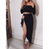 Sexy Women Off Shoulder Two Piece Set Long Sleeve Tie Side Slit Asymmetric Party Club Dress Crop Top + Skirt with Choker