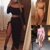 Sexy Women Off Shoulder Two Piece Set Long Sleeve Tie Side Slit Asymmetric Party Club Dress Crop Top + Skirt with Choker