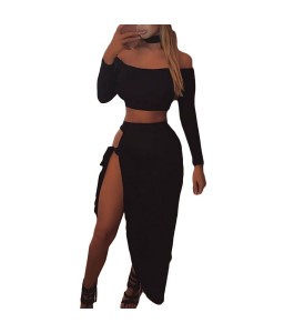 Sexy Women Off Shoulder Two Piece Set Long Sleeve Tie Side Slit Asymmetric Party Club Dress Crop Top + Skirt with Choker