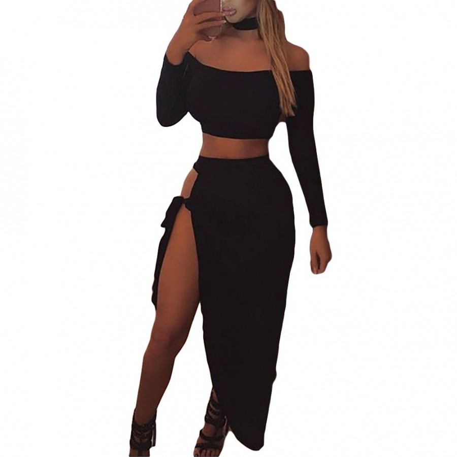 Sexy Women Off Shoulder Two Piece Set Long Sleeve Tie Side Slit Asymmetric Party Club Dress Crop Top + Skirt with Choker