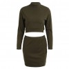 Sexy Women Two-piece Outfit High Neck Crop Top Long Sleeve Distressed Detail Bodycon Skirt Set Party Clubwear Army Green