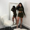 Sexy Women Two-piece Outfit High Neck Crop Top Long Sleeve Distressed Detail Bodycon Skirt Set Party Clubwear Army Green